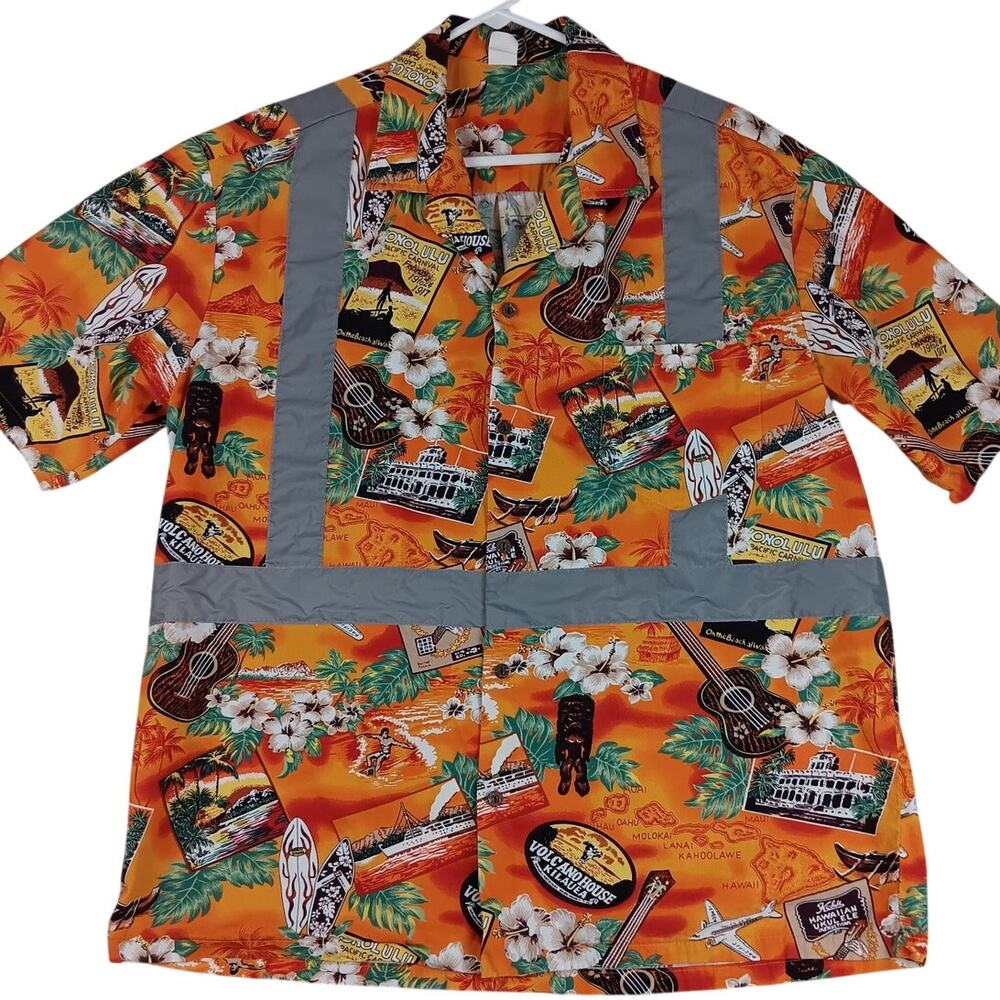 Vintage Hawaiian‎ Fridays Rosendin Electrician Reflective Shirt XL Orange Party